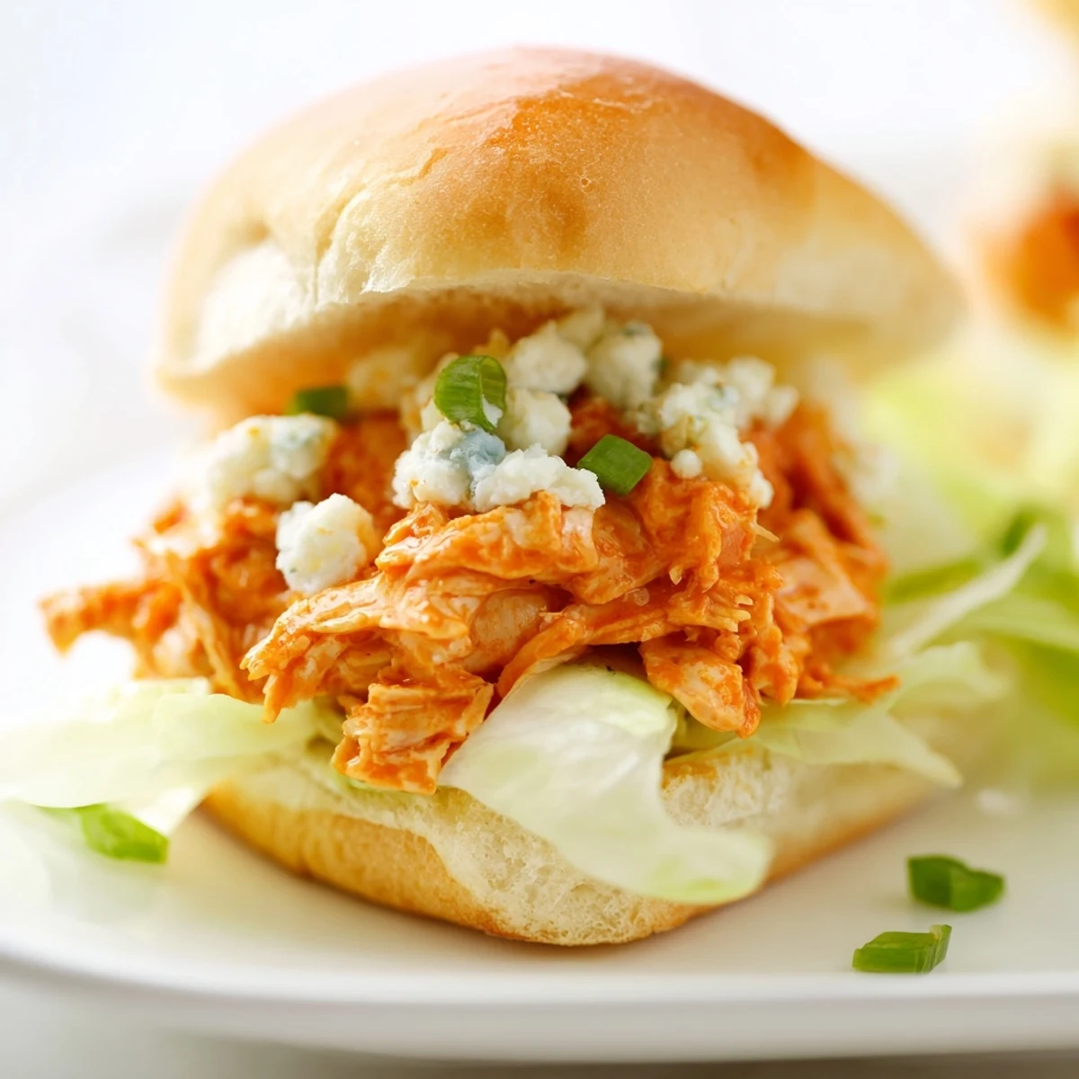 Golden Buffalo chicken sliders with creamy blue cheese sauce, crisp lettuce, celery, and red onion on toasted buns, ready for game day.  
