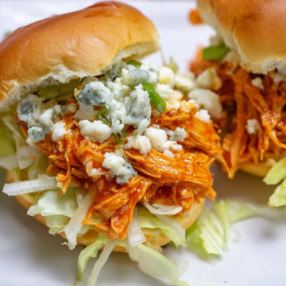 Spicy Buffalo chicken sliders, piled high with shredded chicken, tangy sauce, and crumbled blue cheese on soft slider buns.  