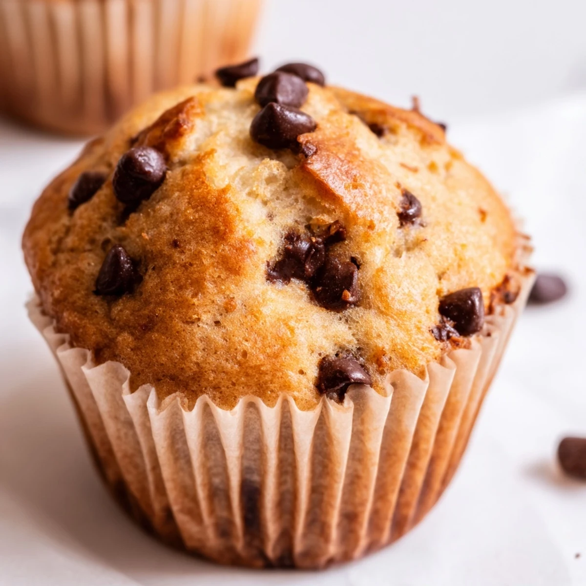 Moist chocolate chip banana bread muffins topped with golden edges and melted chocolate chips, ready for breakfast or snack time.