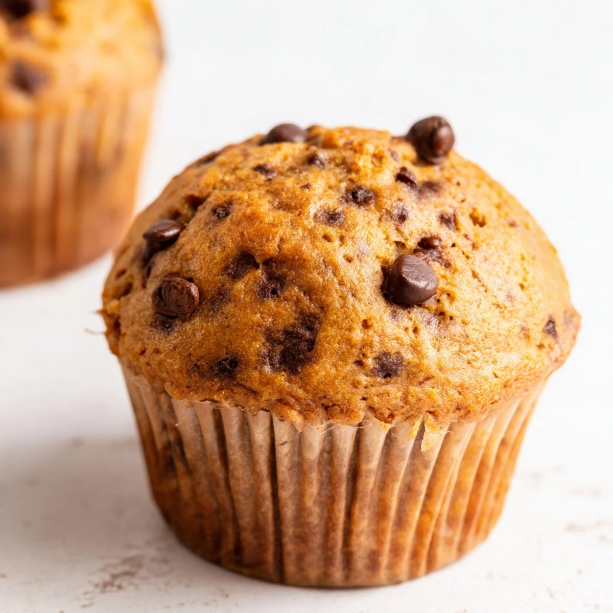 Warm chocolate chip banana bread muffins on a wire rack, with steam rising from tender crumb and gooey chocolate chips inside.