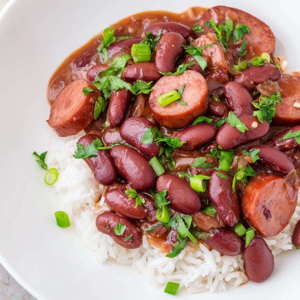 Golden-brown turkey sausage slices sizzle beside creamy red beans in a hearty New Orleans Red Beans and Rice with Turkey Sausage, garnished with green onions.