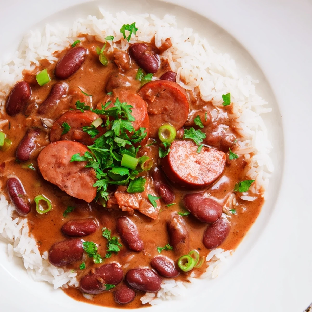 A rustic bowl of New Orleans Red Beans and Rice with Turkey Sausage features tender beans, fluffy rice, and a sprinkle of fresh parsley for a classic Creole meal.