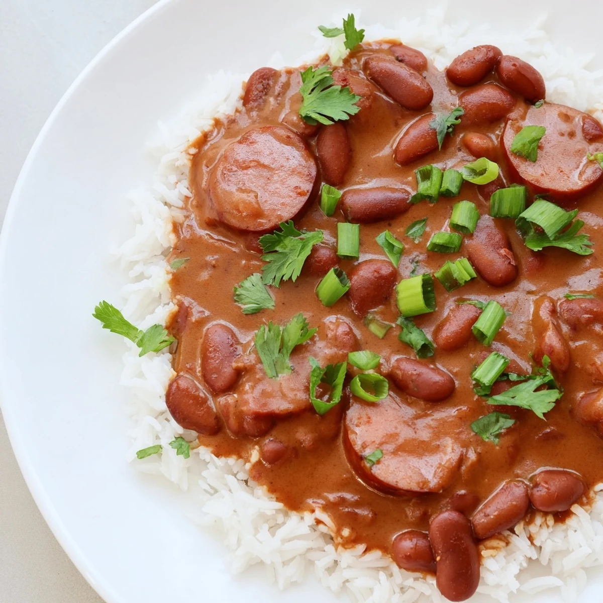New Orleans Red Beans and Rice with Turkey Sausage steams in a cast-iron pot, with smoky sausage nestled among rich, velvety beans and aromatic vegetables.