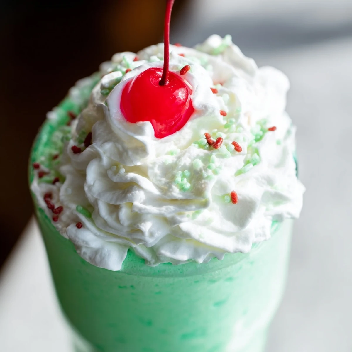 Two tall glasses of Shamrock Shake with Whipped Cream and Cherry, topped with swirls of cream and sprinkles, perfect for a festive St. Patrick's Day.  