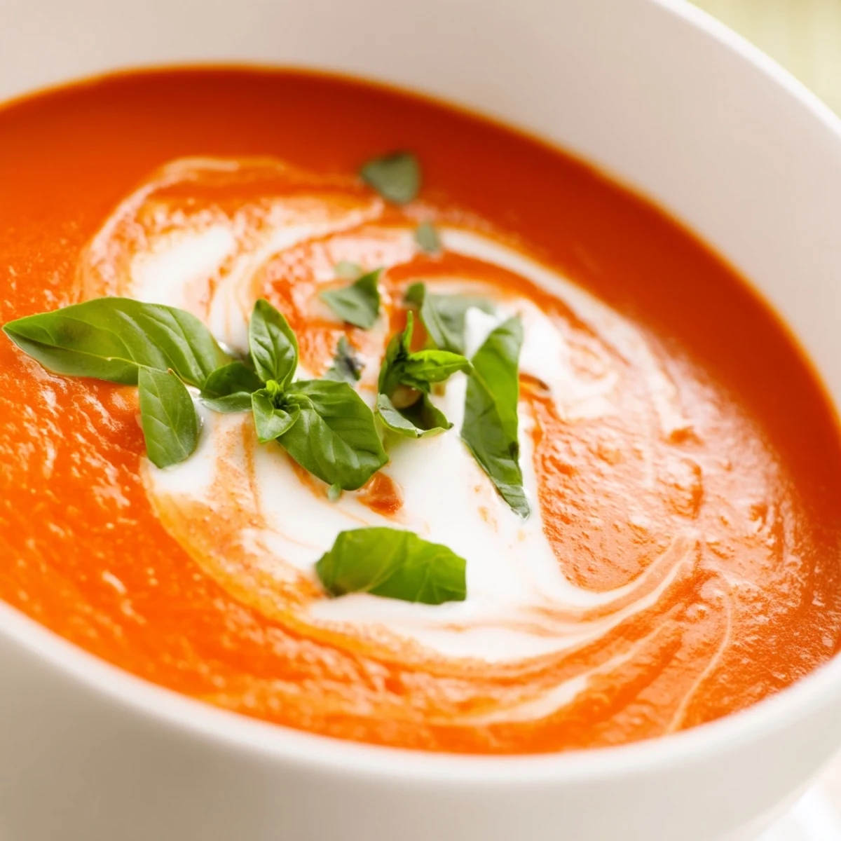 A comforting bowl of creamy tomato basil bisque topped with fresh basil, next to gooey grilled cheese triangles.