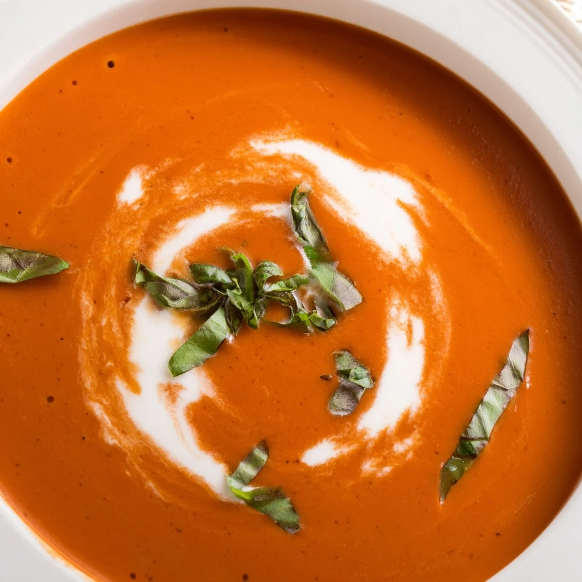 Velvety tomato basil bisque simmering in a pot, with crispy grilled cheese prepared on a skillet nearby.
