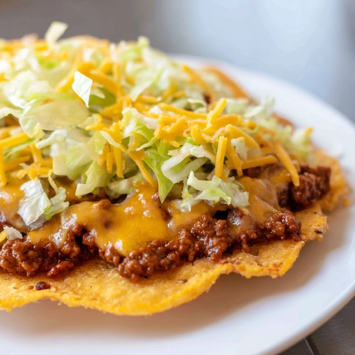 Golden-brown beef tostadas topped with melted cheese, fresh lettuce, and a dollop of sour cream on a rustic plate.  
