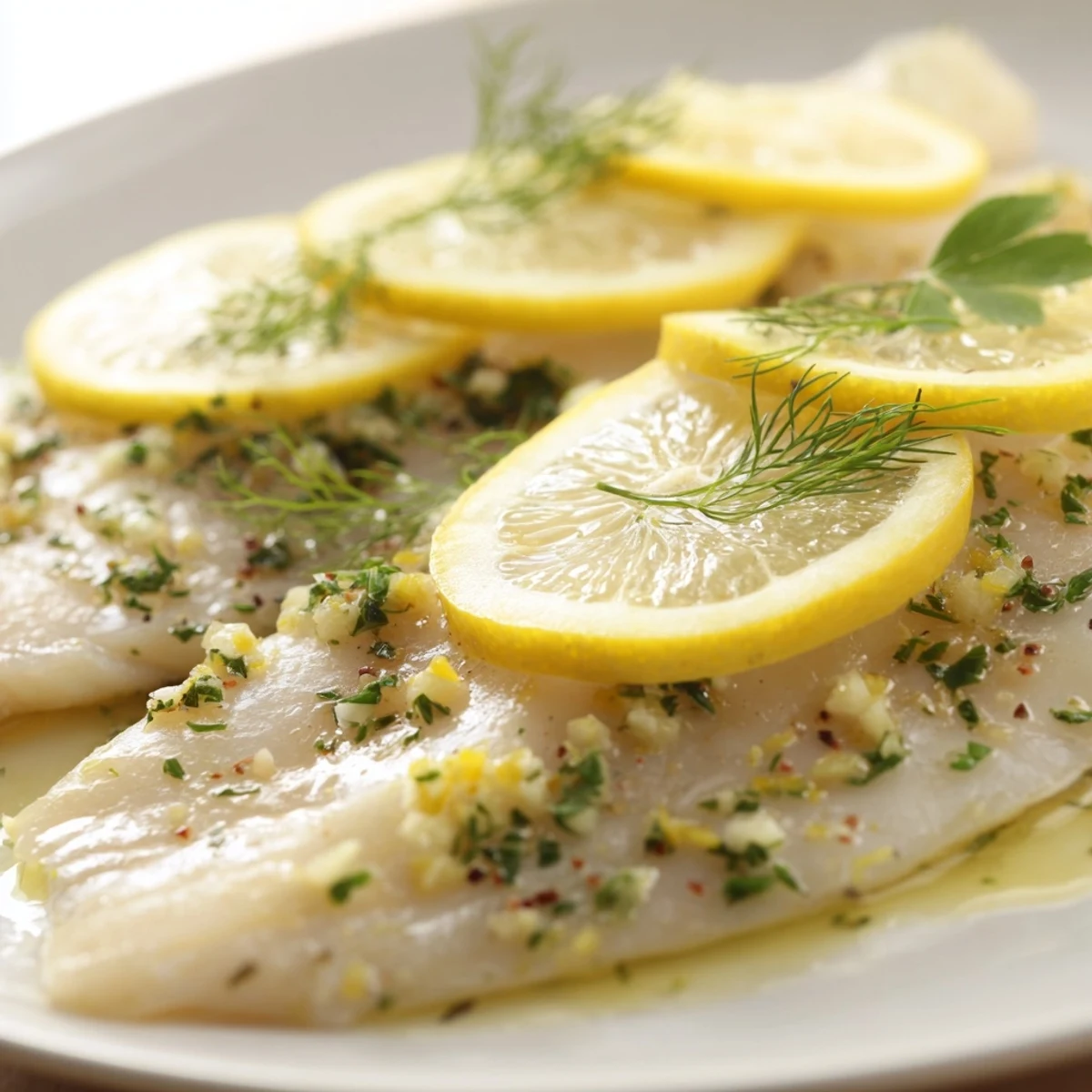 Tender herb-crusted baked tilapia fillets garnished with fresh dill and parsley on a white plate.