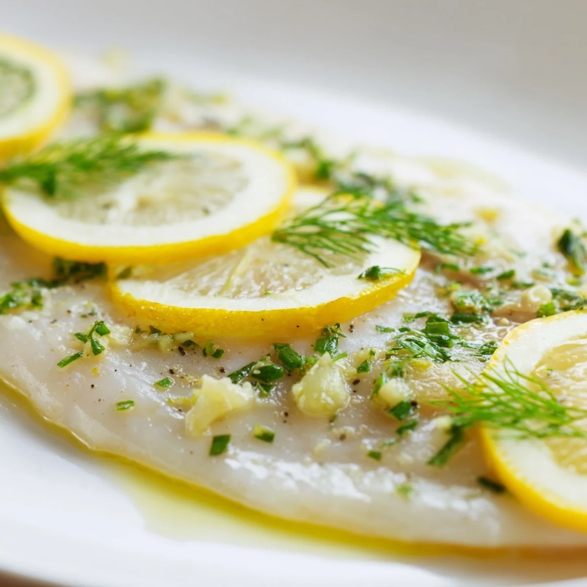 Golden-brown baked tilapia fillets topped with lemon slices and fresh herbs on a rustic wooden board.