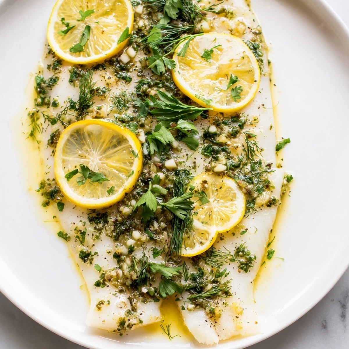 Close-up of flaky baked tilapia with garlic herb glaze and lemon slices, ready to serve.