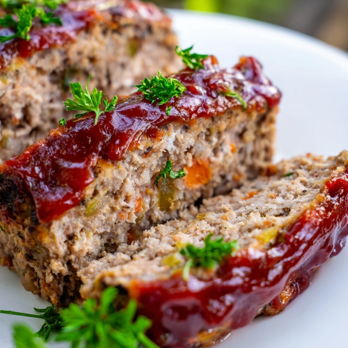 A freshly baked Turkey Meatloaf with Ketchup Glaze rests on a cutting board, showcasing its juicy interior and shiny, caramelized top.