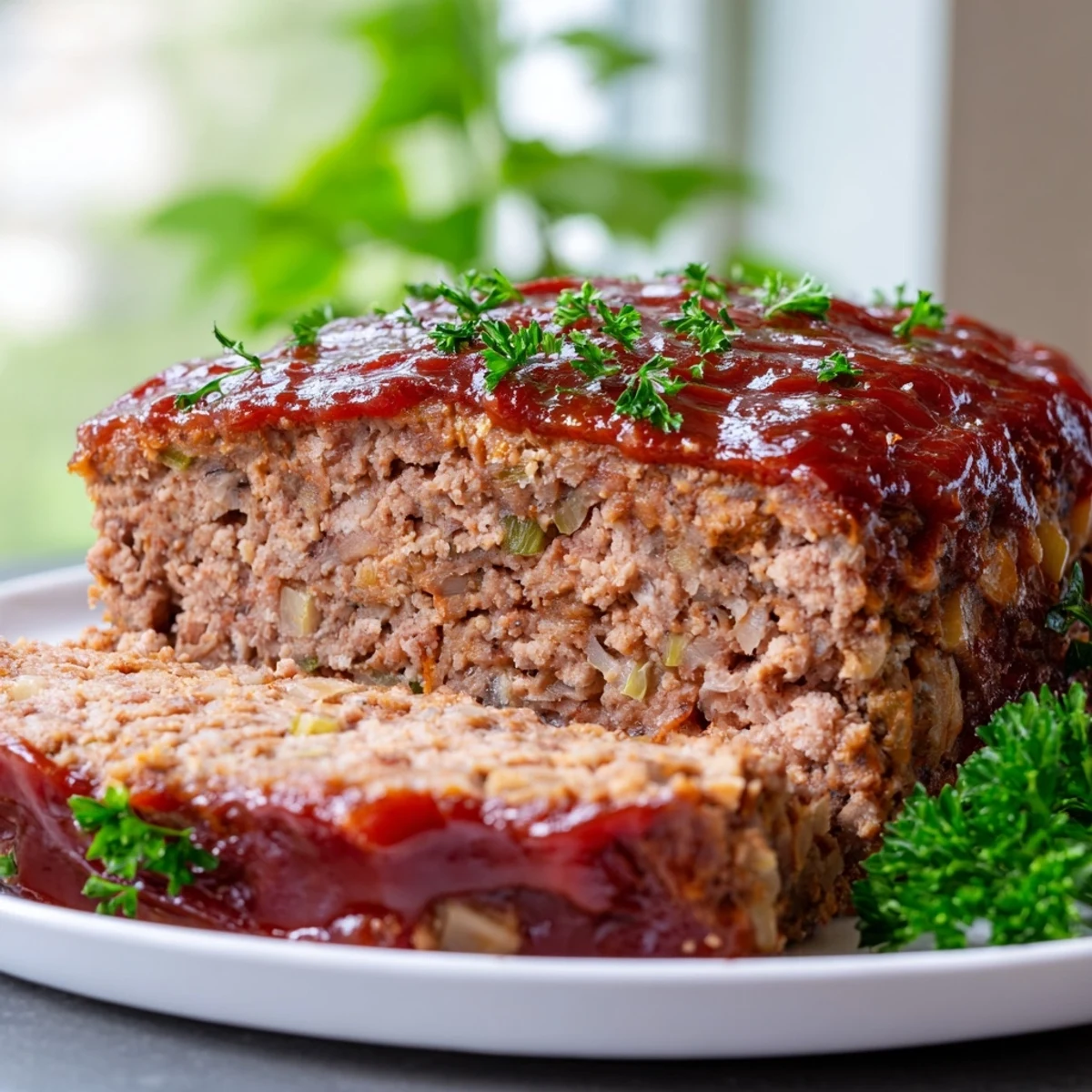 Sliced Turkey Meatloaf with Ketchup Glaze is served beside creamy mashed potatoes and green beans, a classic American family dinner.