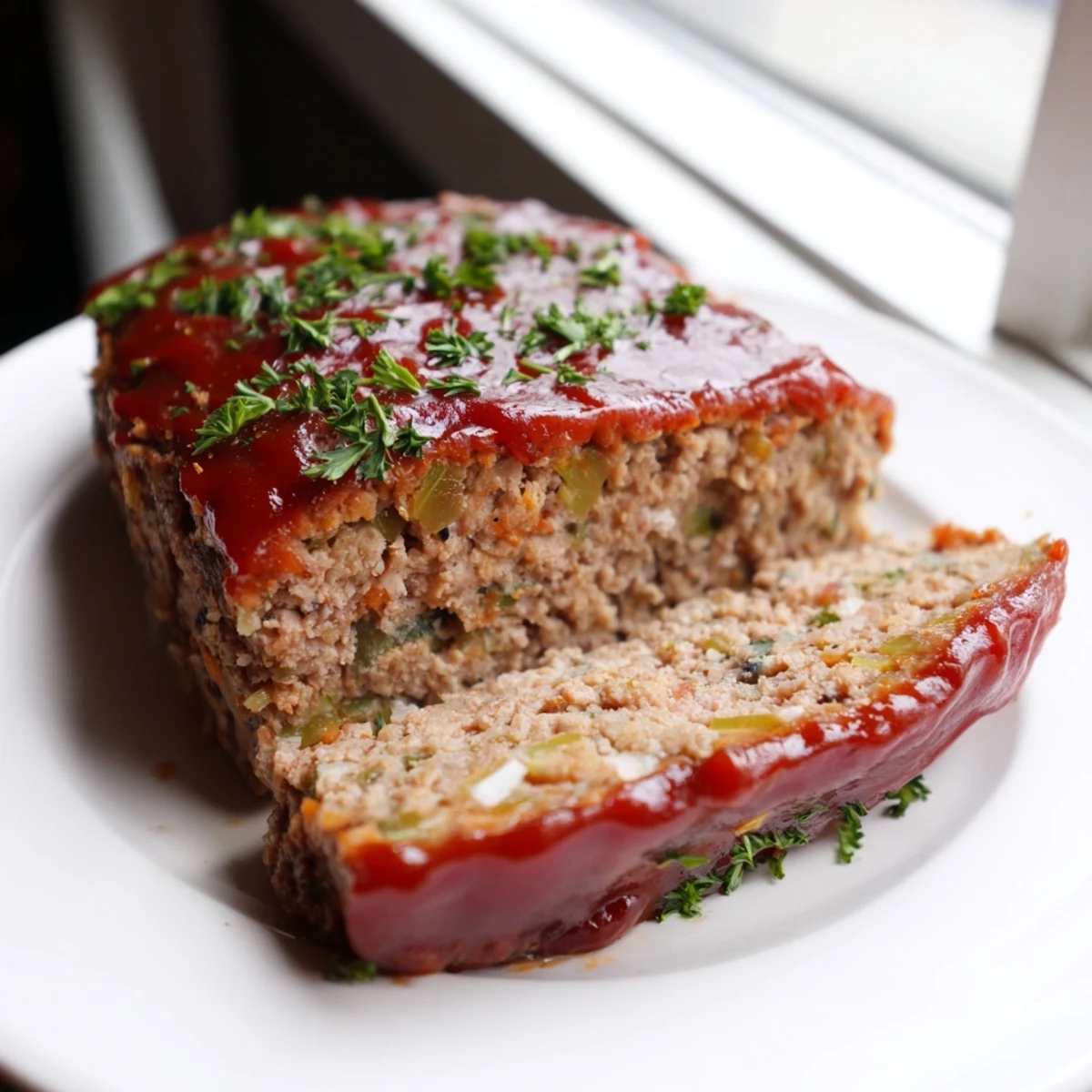 Close-up of a fork lifting a tender slice of Turkey Meatloaf with Ketchup Glaze, revealing savory vegetables and ground turkey.