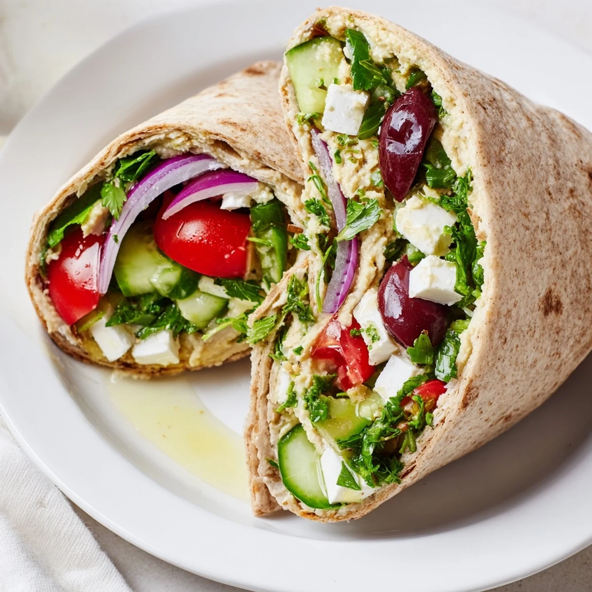 Fresh Mediterranean Wrap with Feta and Olives on a wooden board, filled with crisp cucumbers, juicy cherry tomatoes, and vibrant herbs for a light, satisfying lunch.