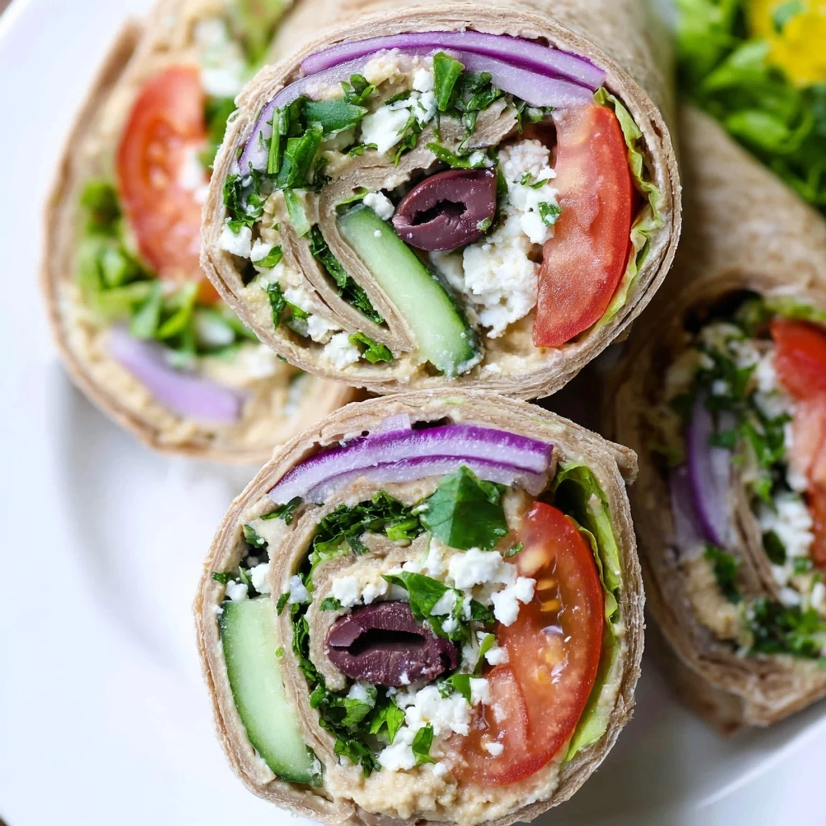 A close-up of a sliced Mediterranean Wrap with Feta and Olives, revealing creamy feta, tangy olives, and colorful vegetables, perfect for an easy vegetarian meal or picnic.