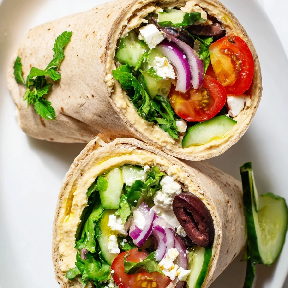 Overhead view of a Mediterranean Wrap with Feta and Olives, cut in half to show the fresh greens and drizzled lemon dressing, ideal for a quick and healthy dinner.