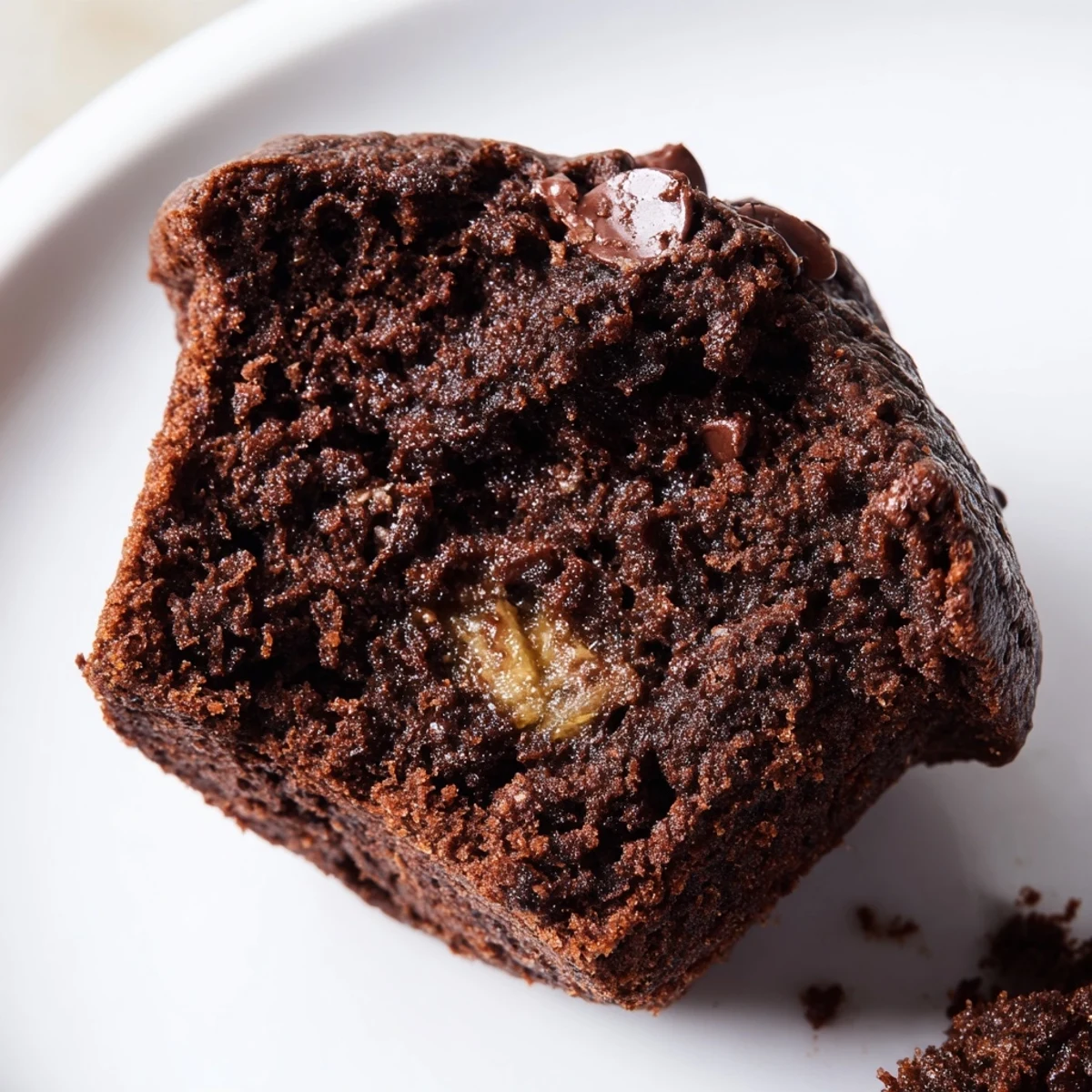 Close-up of moist Chocolate Banana Muffins showing melted chocolate chips inside and a tender crumb texture.  