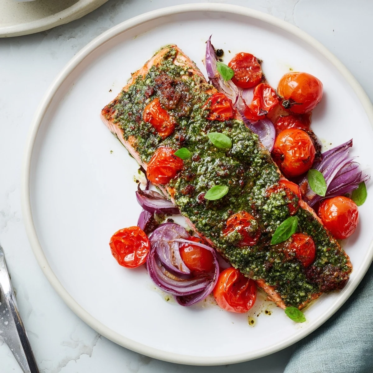 Juicy baked salmon fillets glazed with herbaceous pesto, surrounded by blistered, sweet cherry tomatoes on a parchment-lined baking sheet.