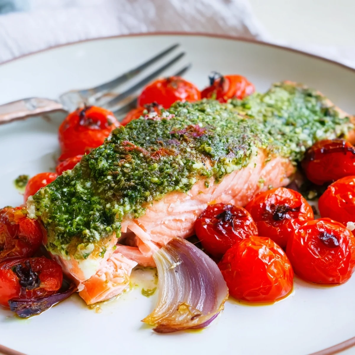 A Mediterranean-style baked salmon with pesto and cherry tomatoes, served hot from the oven with fresh lemon wedges for squeezing.