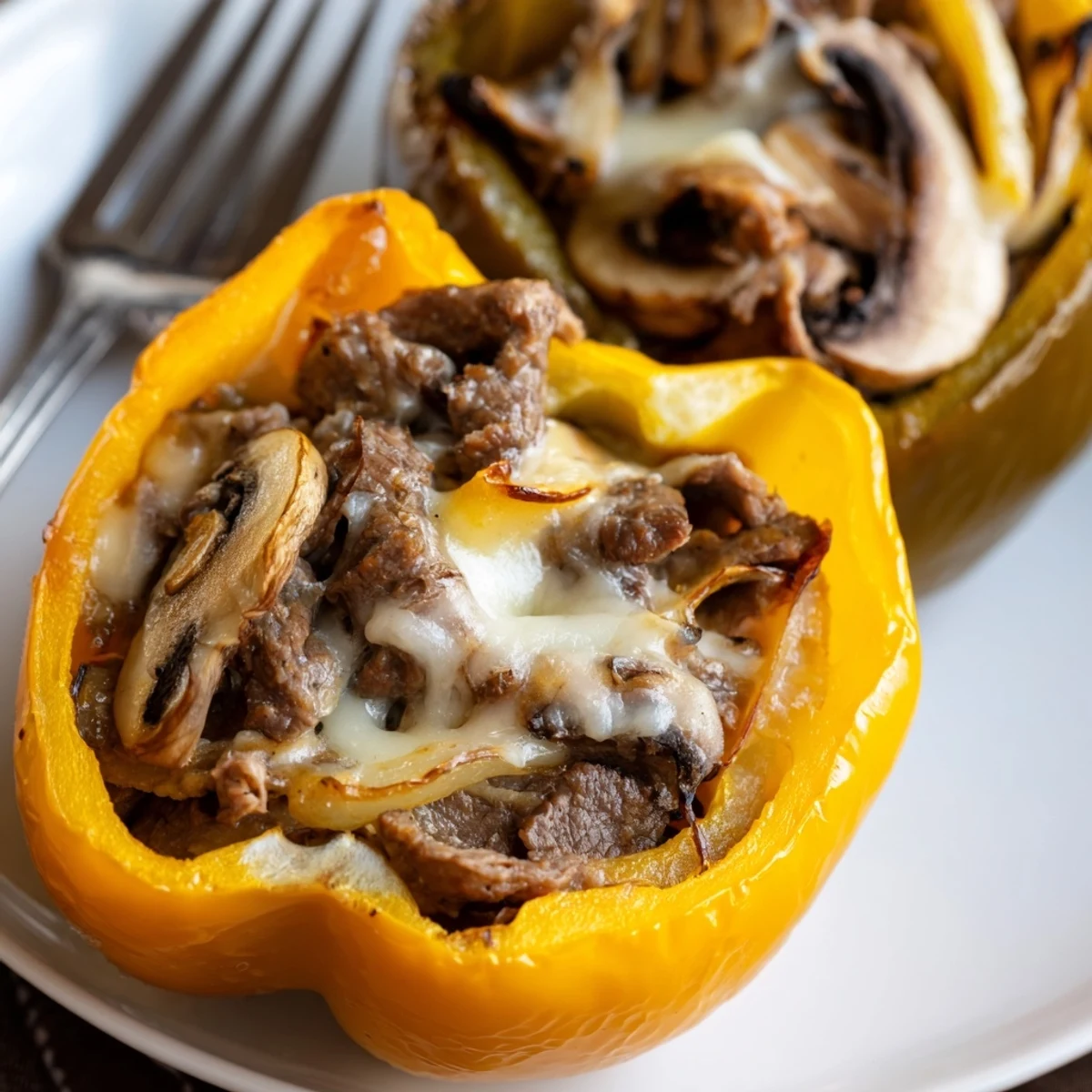 Golden-brown bell peppers stuffed with savory beef, sautéed onions, and melted provolone cheese, a low-carb Philly cheesesteak twist.