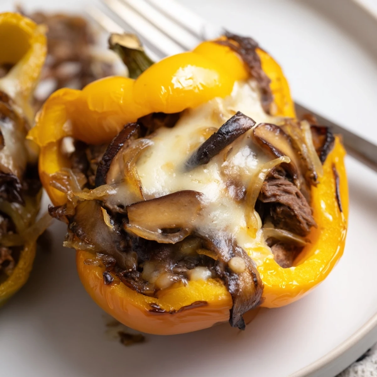 Low-carb Philly cheesesteak stuffed peppers with a golden cheese crust, served hot alongside a fresh green salad.