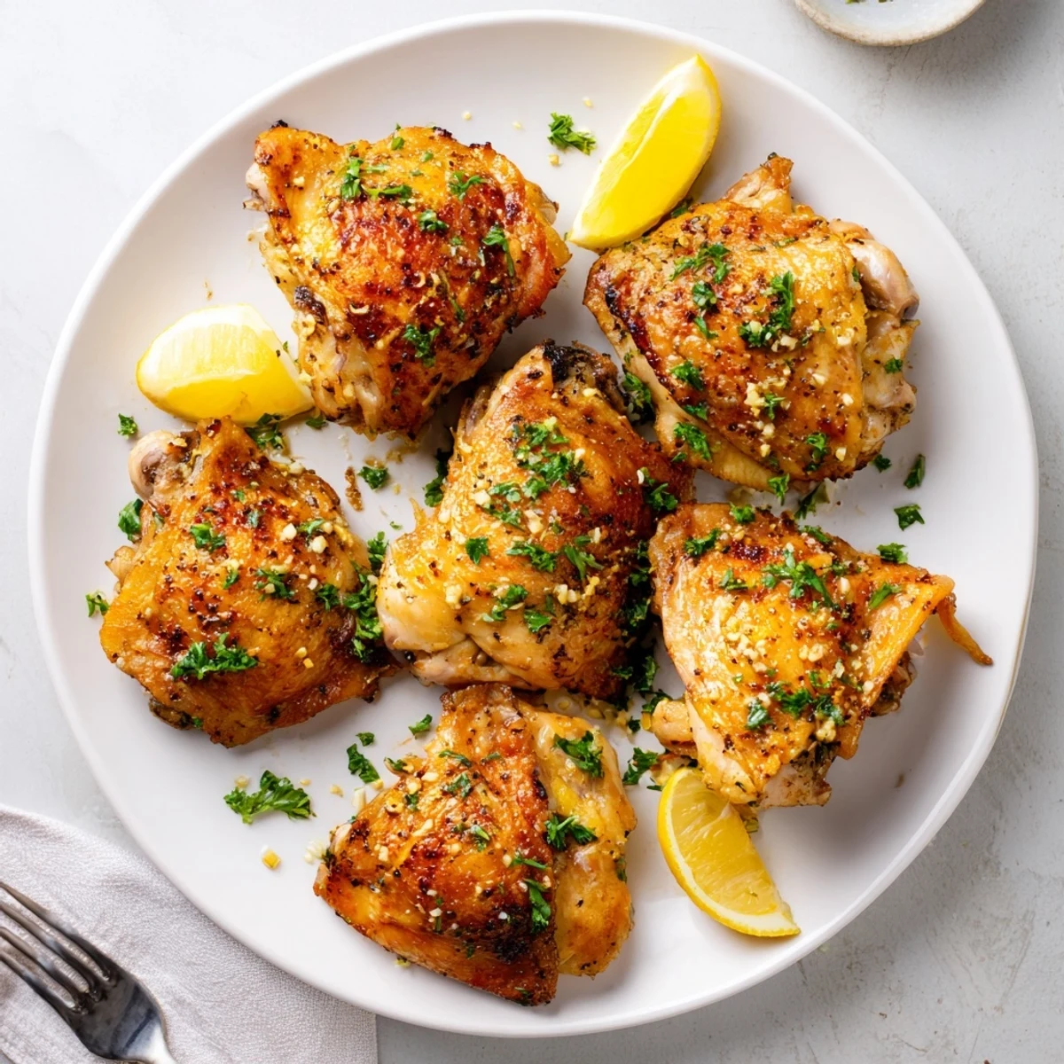 Crispy, golden-brown Lemon Garlic Roasted Chicken Thighs resting on a baking sheet with fresh herbs and lemon wedges.