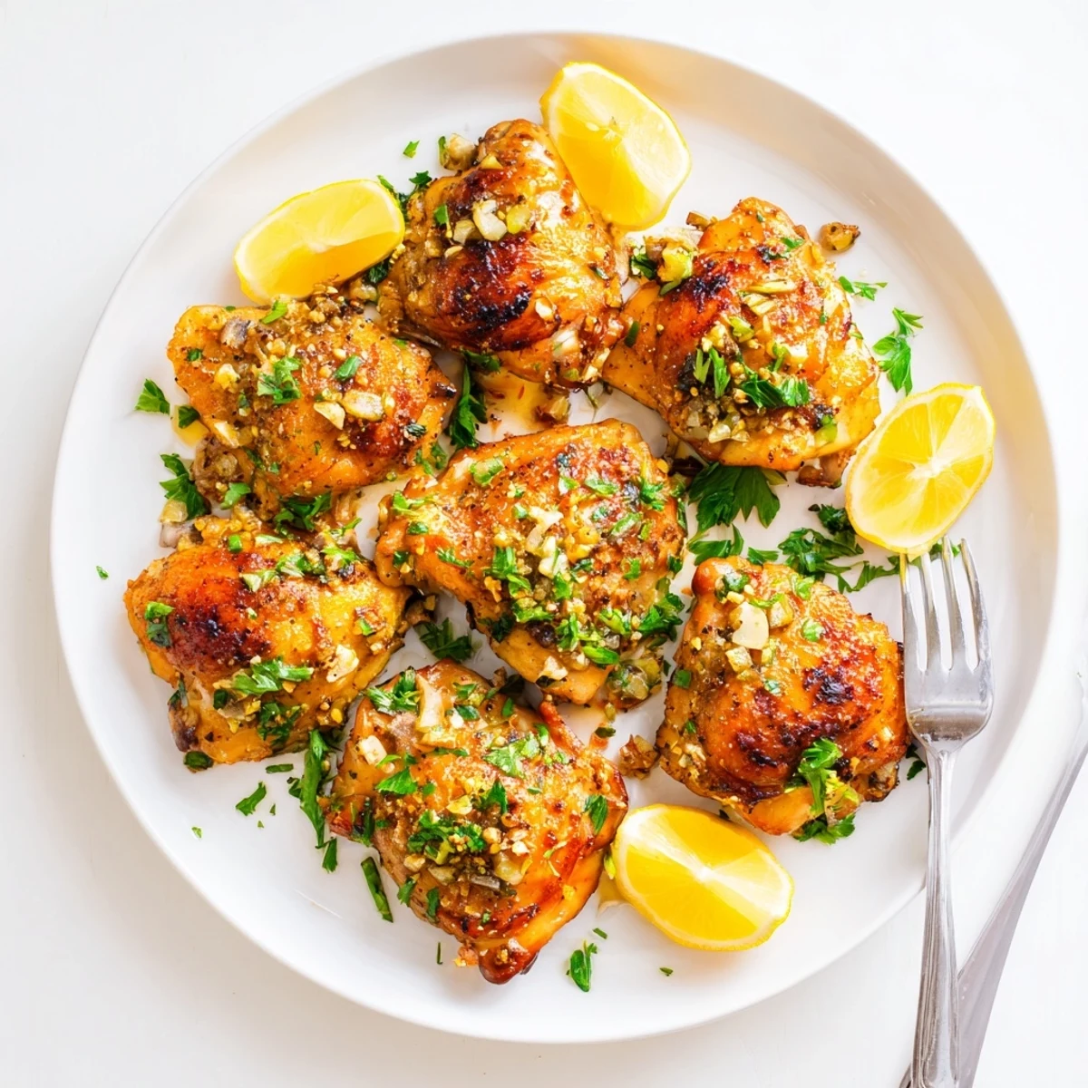Golden-skinned Lemon Garlic Roasted Chicken Thighs arranged in a skillet, garnished with parsley and served with roasted vegetables.