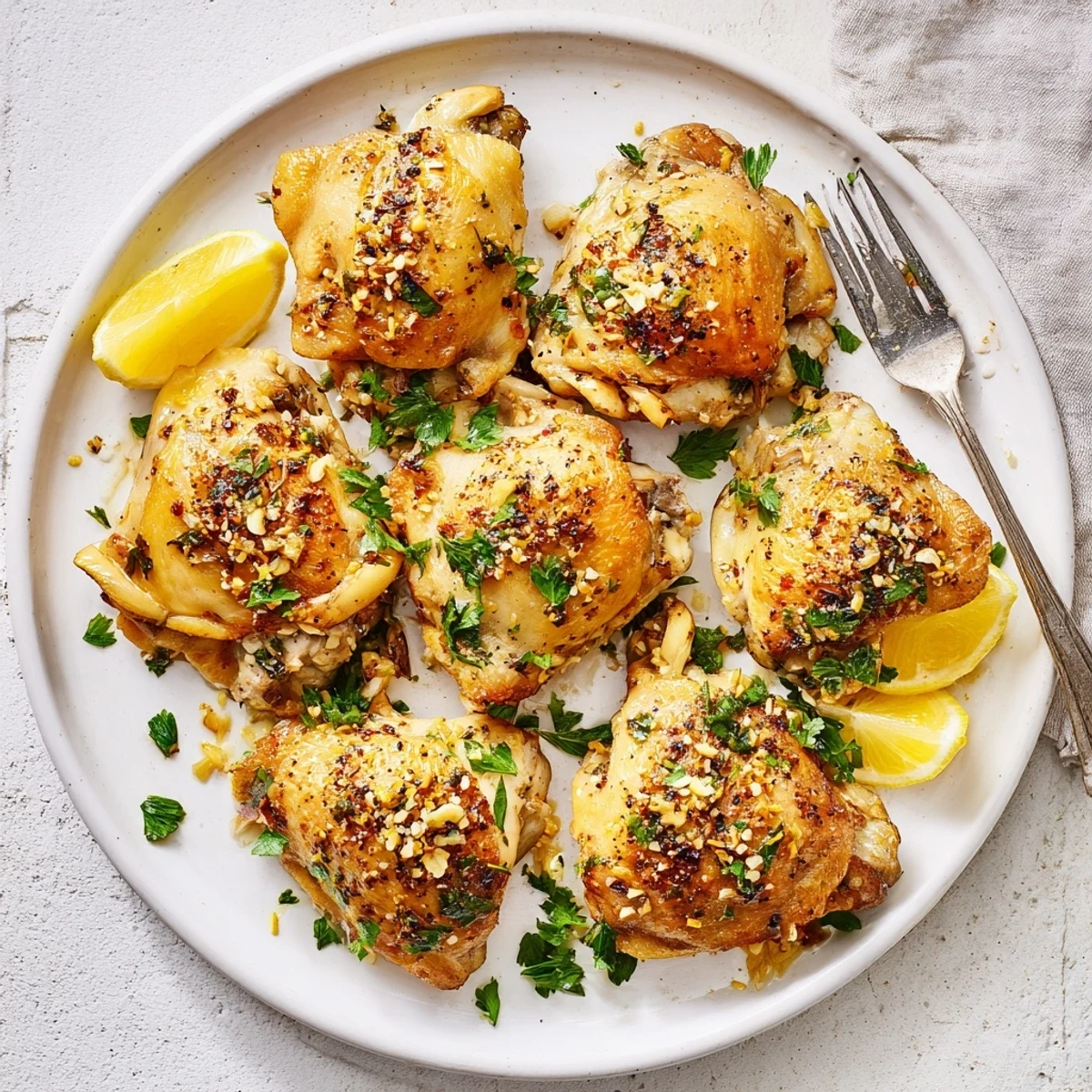 Juicy Lemon Garlic Roasted Chicken Thighs fresh from the oven, featuring aromatic garlic and zesty lemon on a rustic platter.