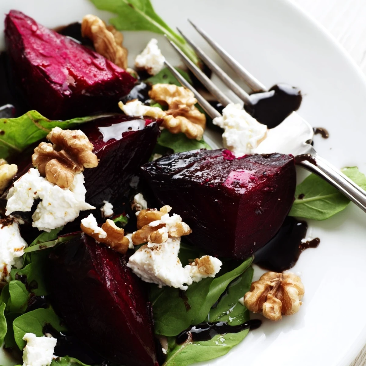 Colorful roasted beet salad topped with crumbled goat cheese, walnuts, and a drizzle of balsamic vinaigrette for a fresh side dish.