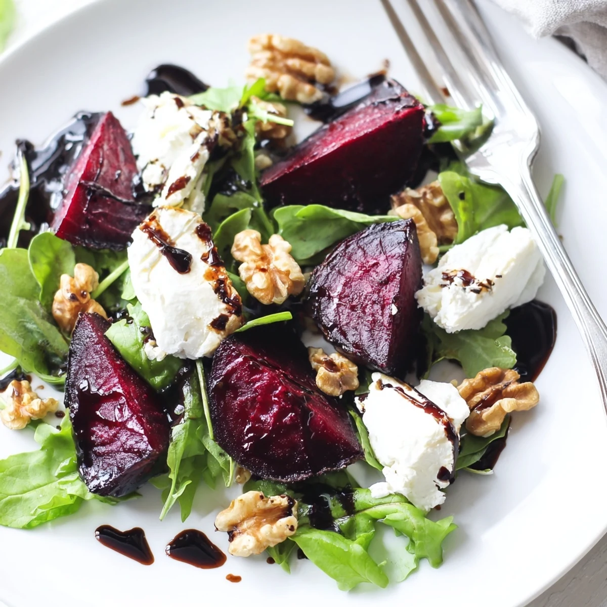 Fresh roasted beet salad with creamy goat cheese, toasted walnuts, and mixed greens on a white serving platter.  