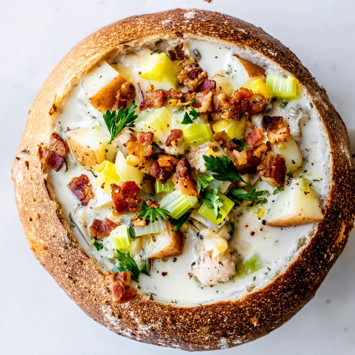 Creamy Clam Chowder in Sourdough Bowl steaming in a hollowed-out loaf, topped with crispy bacon and parsley.