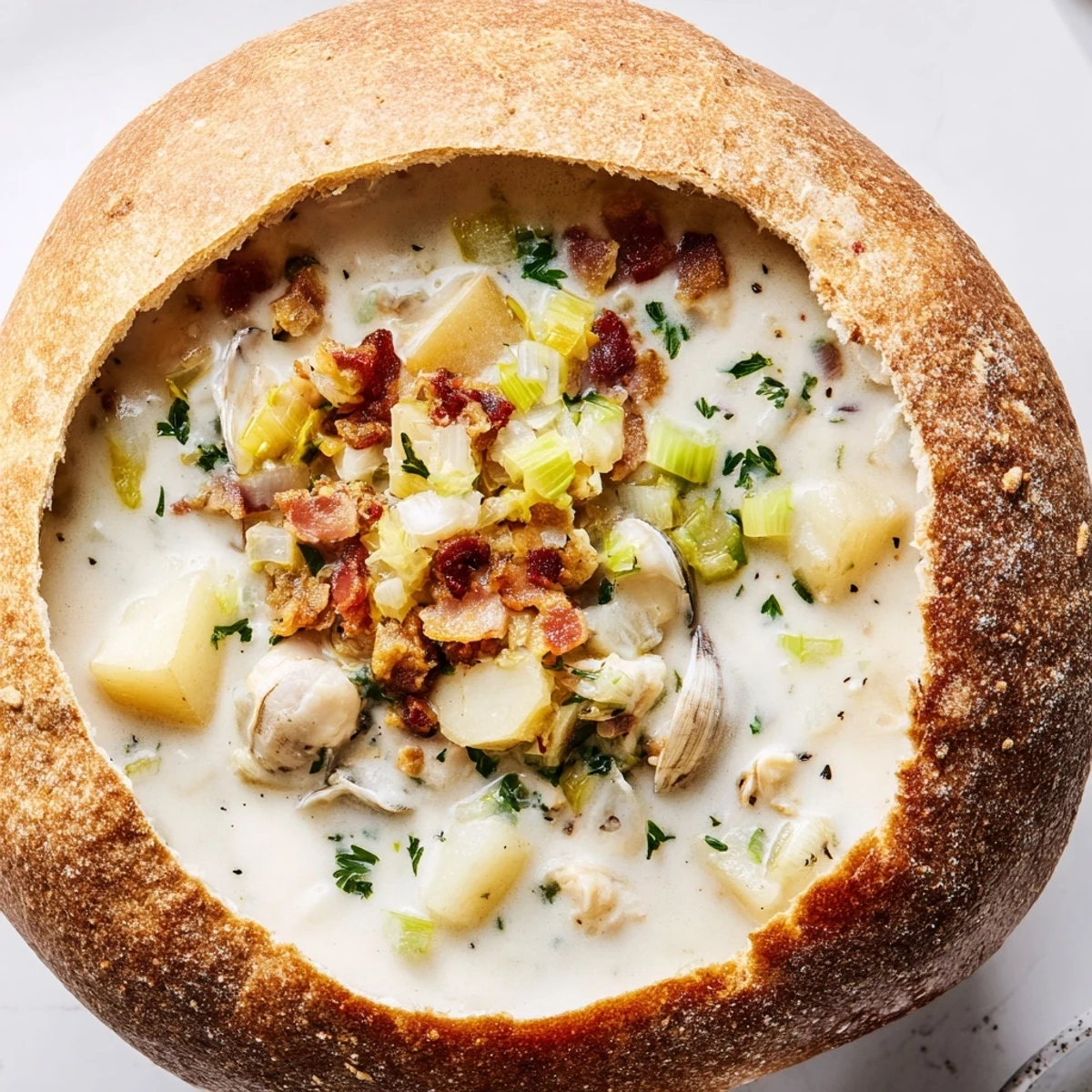 A spoon dips into Creamy Clam Chowder in Sourdough Bowl, revealing tender clams, potatoes, and smoky bacon chunks.