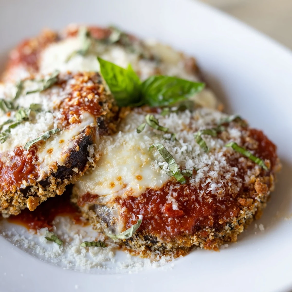 Golden, crispy rounds of baked eggplant parmesan layered with marinara and melted mozzarella cheese.