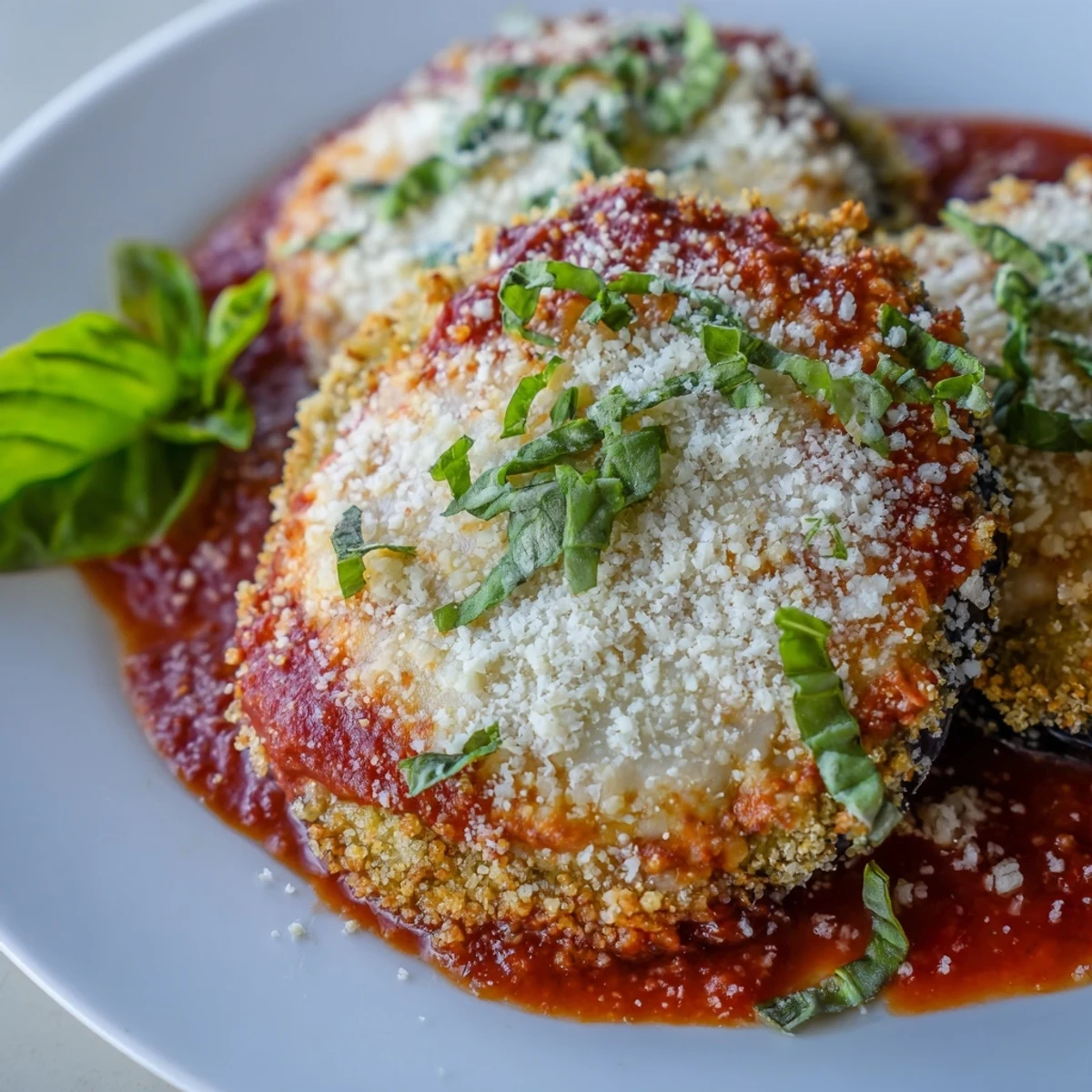 Golden-brown, oven-baked eggplant parmesan slices stacked high with rich marinara sauce and melted mozzarella.