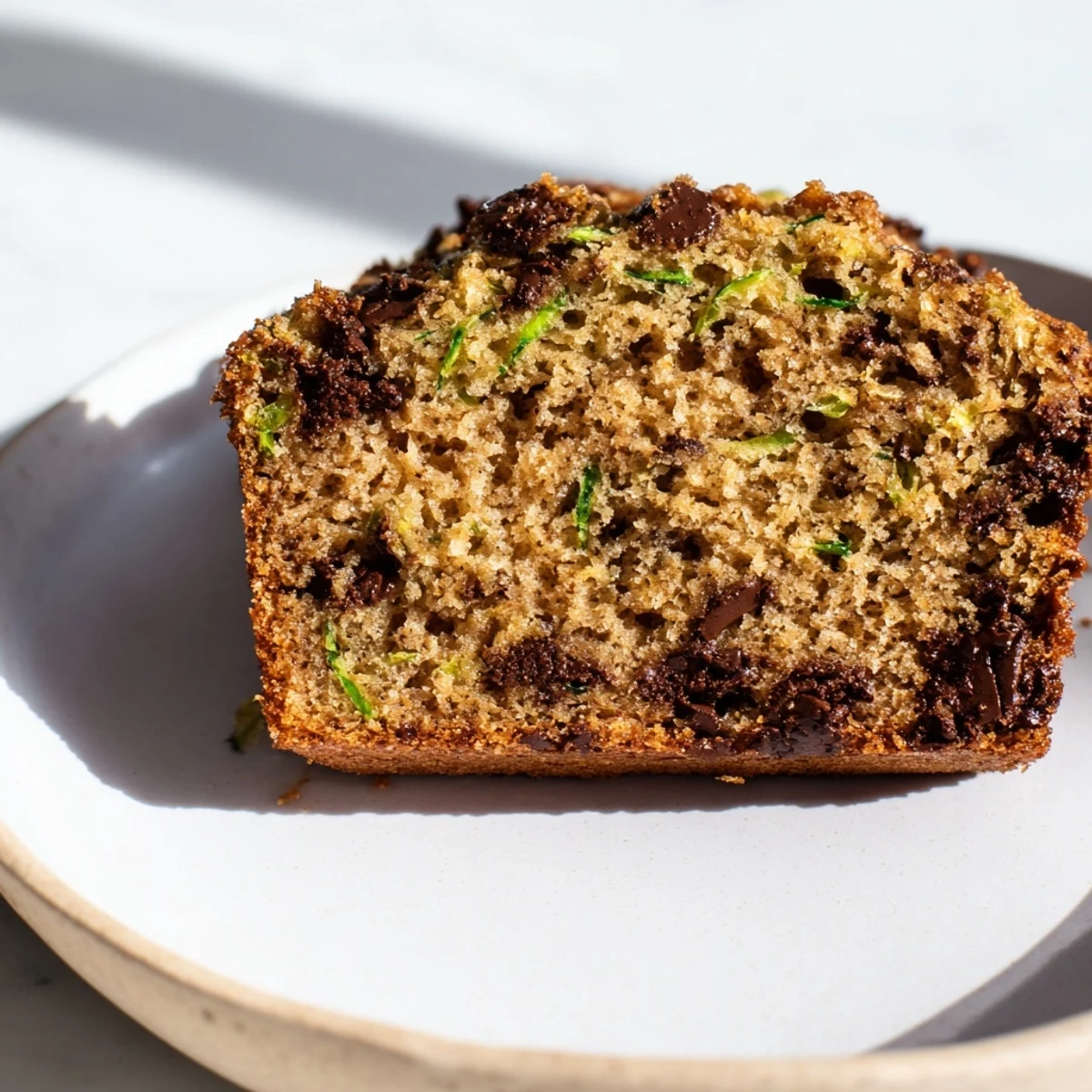Golden-brown Chocolate Chip Zucchini Bread on a wooden board, perfect for breakfast or an afternoon snack with a cup of coffee.