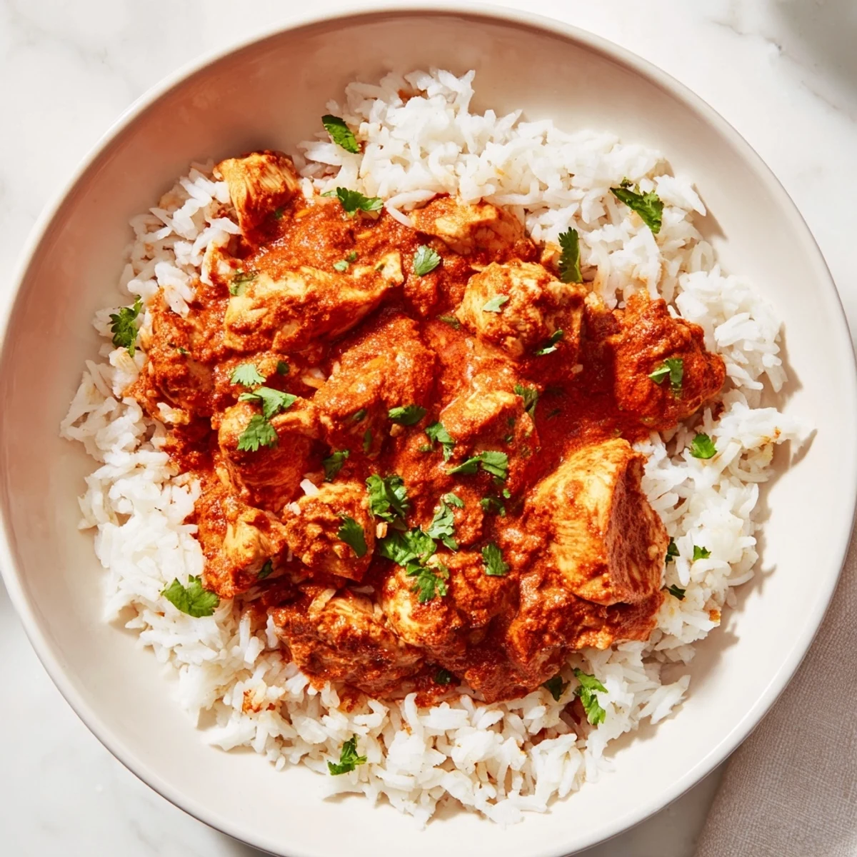 Crispy grilled chicken tikka masala with basmati rice, garnished with fresh cilantro for a vibrant Indian meal.