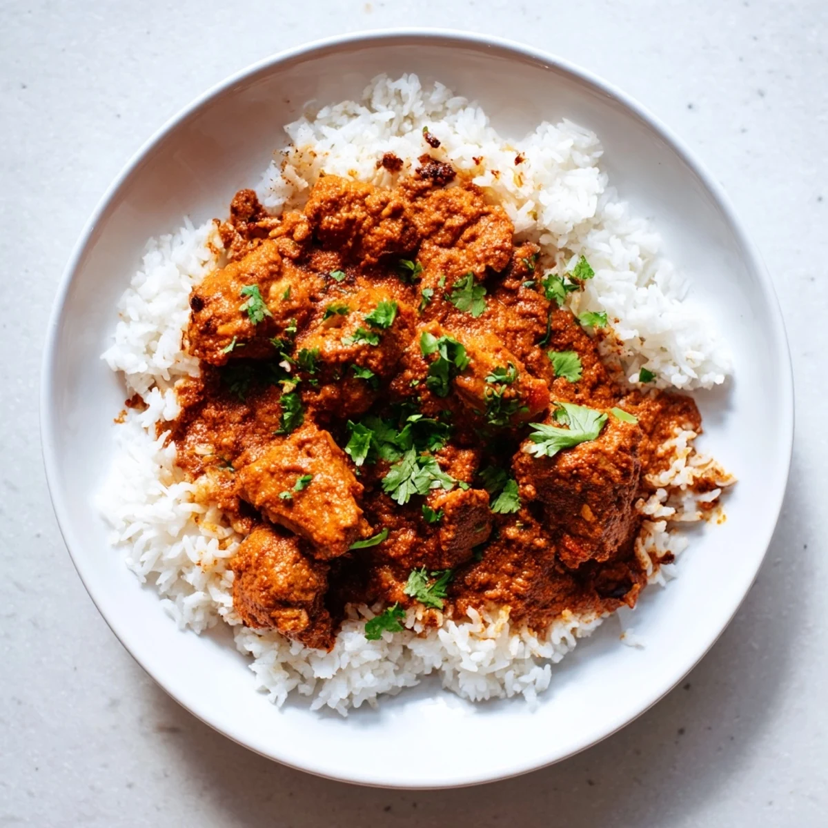Creamy tomato sauce coats tender chicken tikka masala served over fluffy basmati rice, with cilantro and naan on the side.