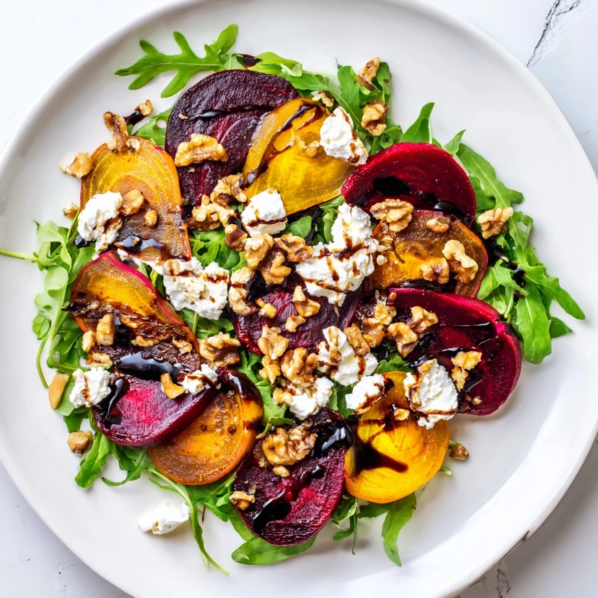 Sliced beets, creamy goat cheese crumbles, and toasted walnuts top fresh arugula in the Valentine Beet and Goat Cheese Salad. 