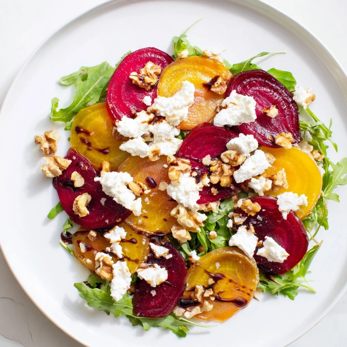The finished Valentine Beet and Goat Cheese Salad glistens with balsamic dressing, showcasing golden beets, walnuts, and greens.