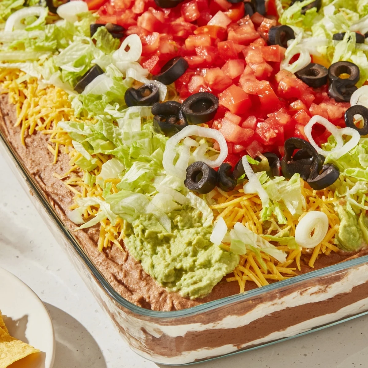 A festive Seven Layer Taco Dip on a platter with crunchy tortilla chips for scooping at a Super Bowl party.  