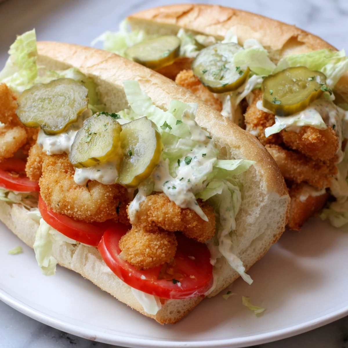 Crispy New Orleans Shrimp Po Boy with tangy remoulade, pickles, and fresh veggies on a toasted roll.  