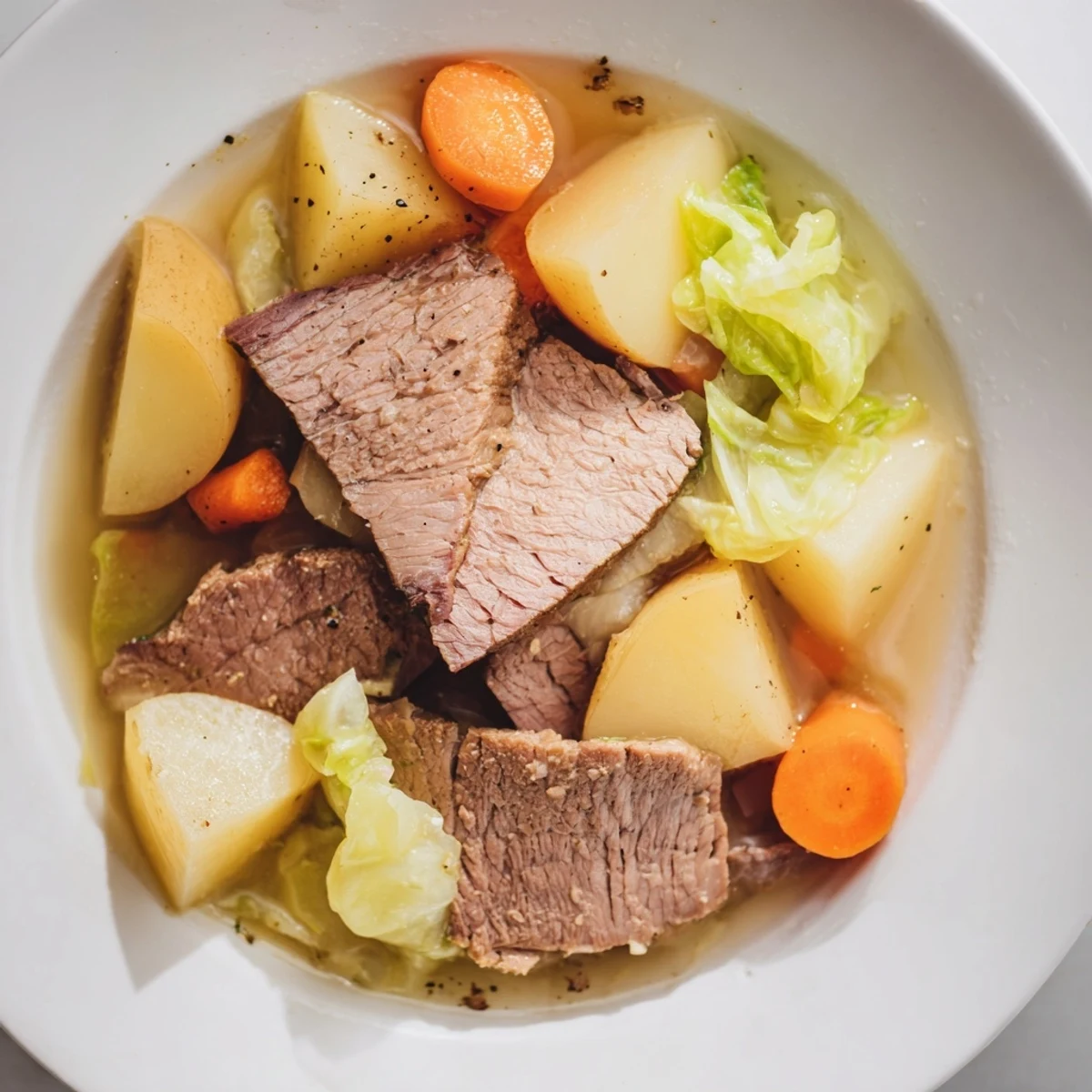 Steaming St. Patricks Day Halal Corned Beef with Cabbage and vegetables in broth, with tender meat slices and green cabbage wedges for a hearty celebration.