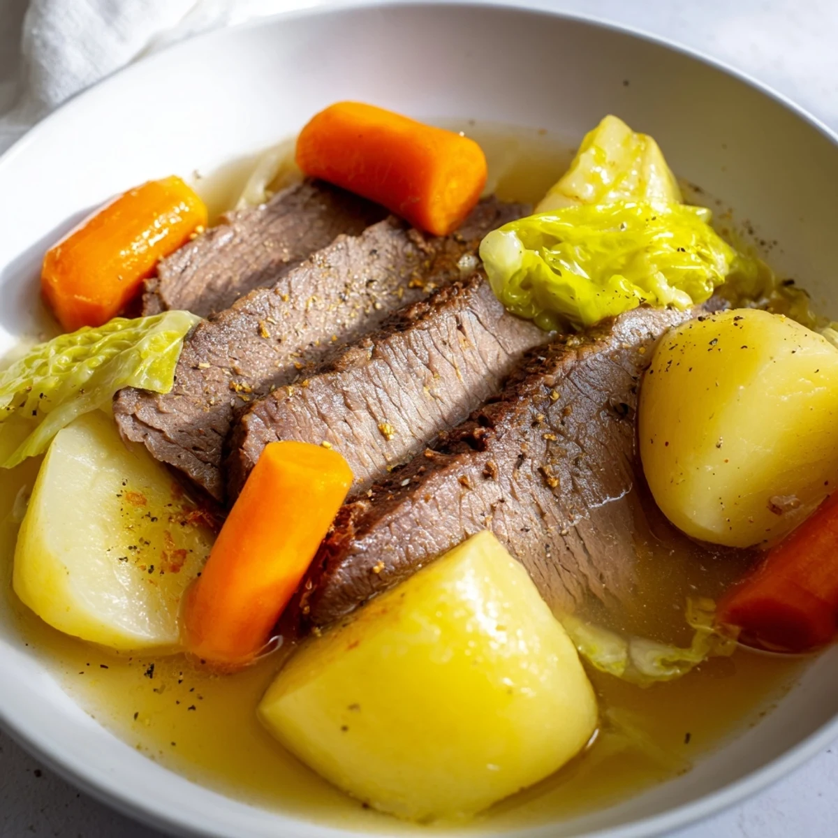 Sliced tender halal corned beef brisket with cabbage wedges, potatoes, and carrots, served on a platter, perfect for a festive St. Patricks Day meal.