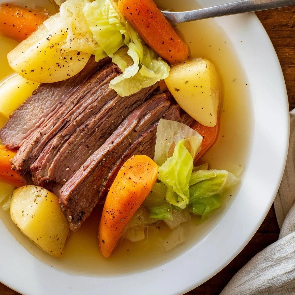 Close-up of juicy halal corned beef slices beside roasted potatoes, carrots, and cabbage, drizzled with broth, ideal for a traditional Irish-inspired holiday dinner.