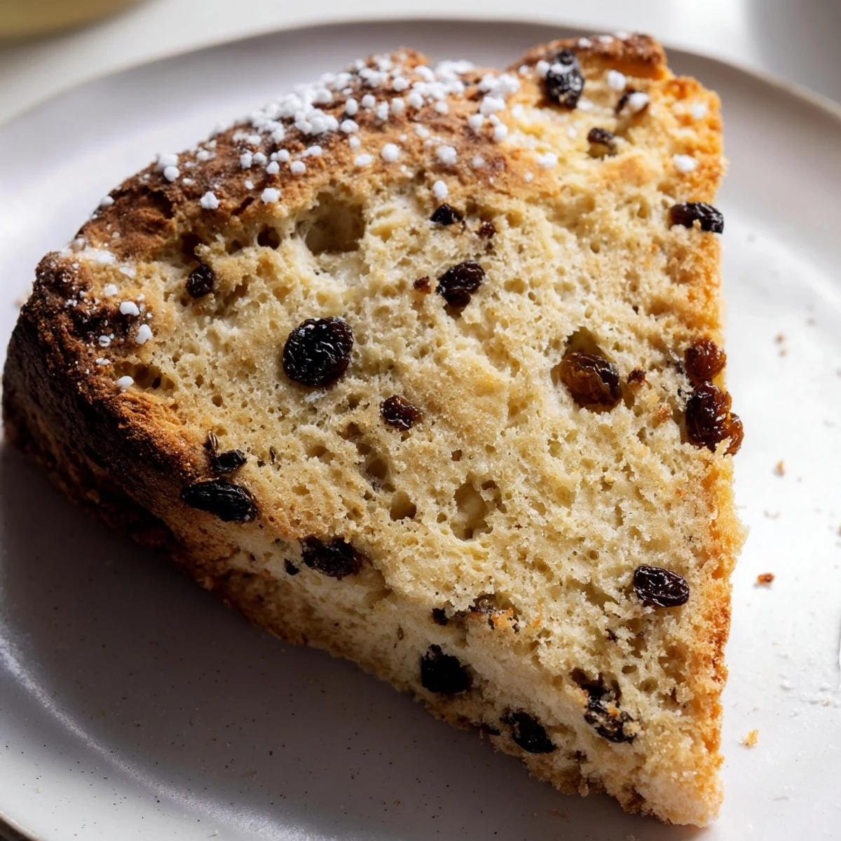 Freshly baked Irish Soda Bread Scones with Currants, golden brown with a sugary crunch, served warm from the oven on a rustic wooden board.