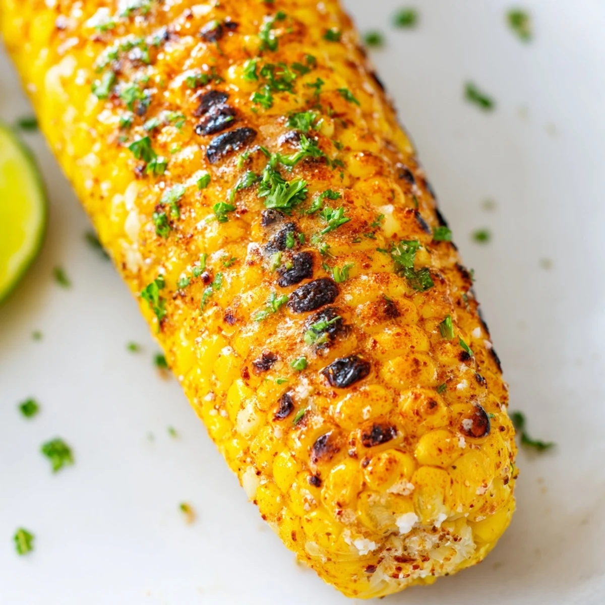 Golden grilled Cajun Spiced Grilled Corn on the Cob, glistening with smoky butter and topped with fresh parsley.