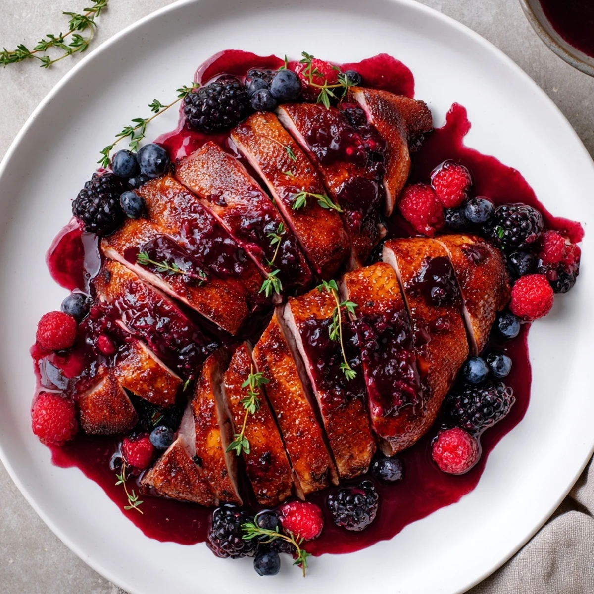 Perfect for a romantic dinner, this Romantic Roasted Duck Breast with Berry Sauce is plated on white porcelain.