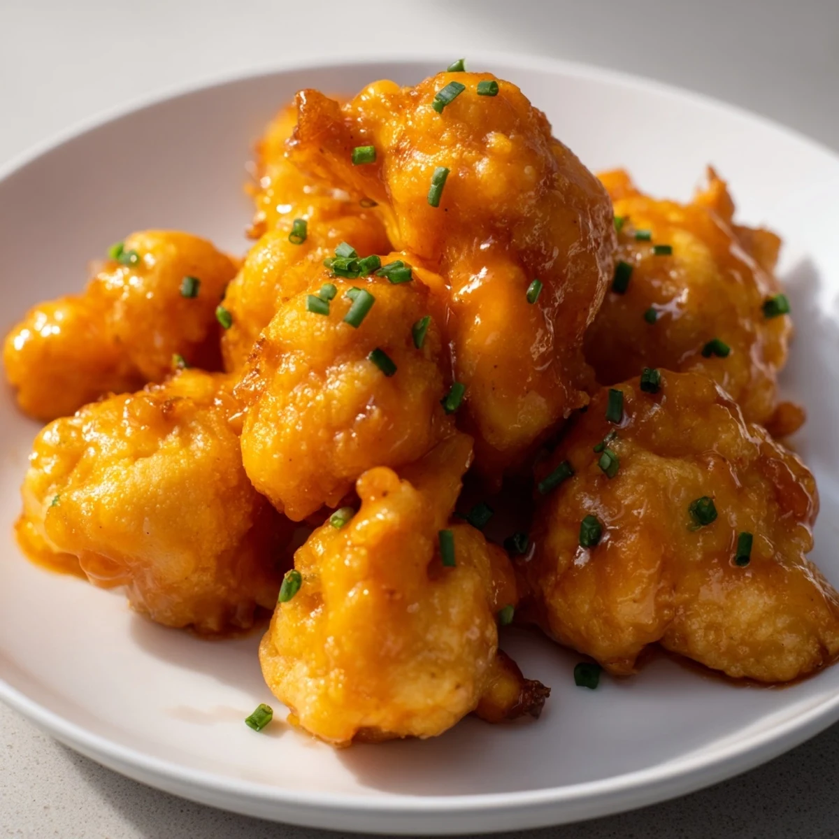 A platter of spicy Championship Buffalo Cauliflower Bites with ranch drizzle, perfect for game day snacking or a crowd-pleasing vegetarian appetizer spread.