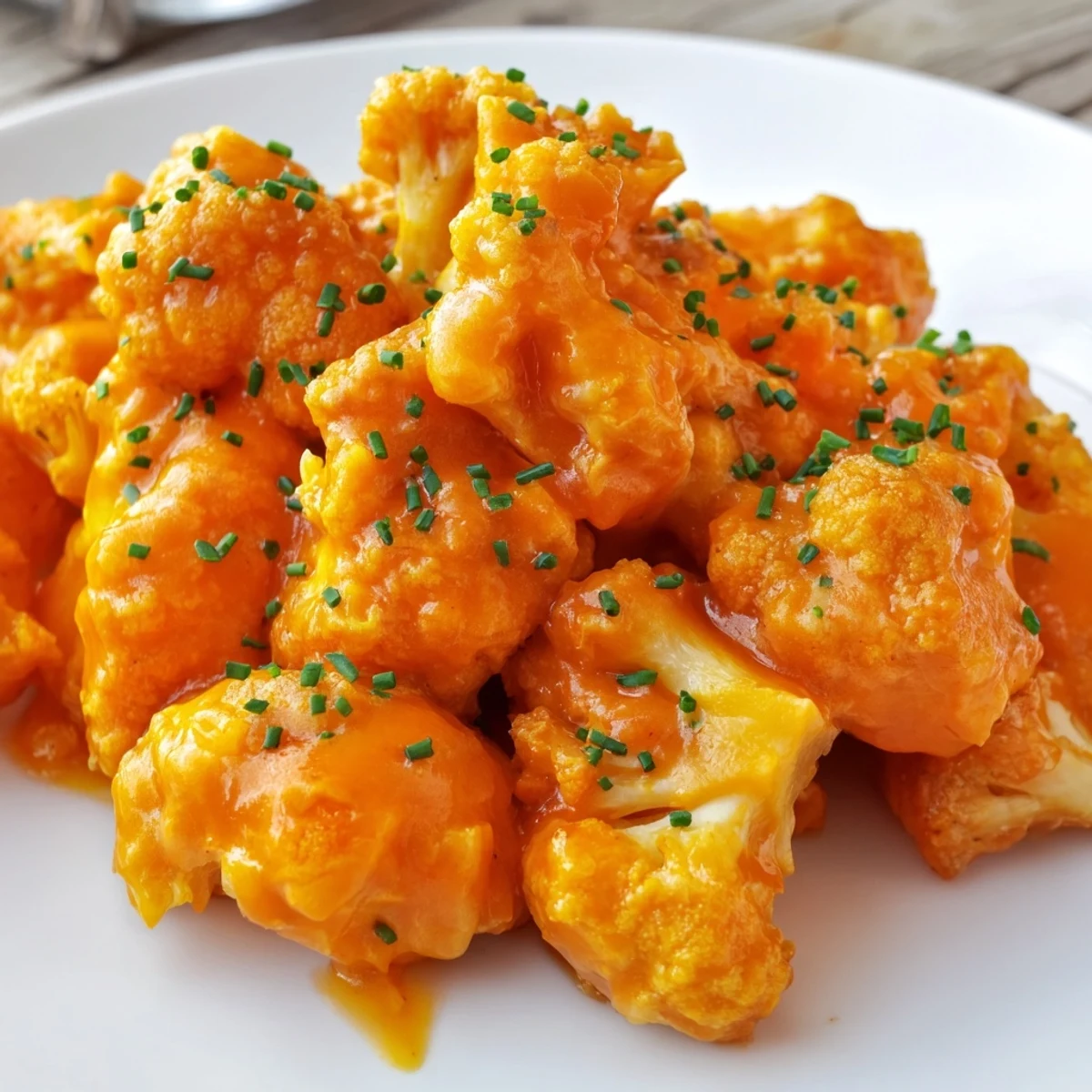 Close-up view of crispy Championship Buffalo Cauliflower Bites showing golden batter and sticky buffalo glaze, garnished with fresh chives and paired with crunchy veggies.