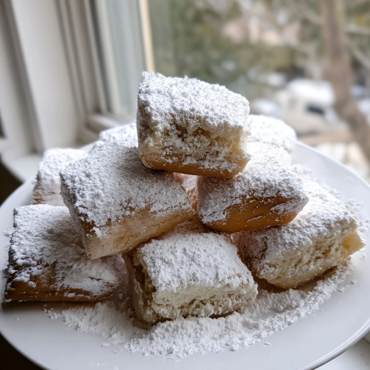 Golden Mardi Gras beignets piled high, generously dusted with powdered sugar on a plate.